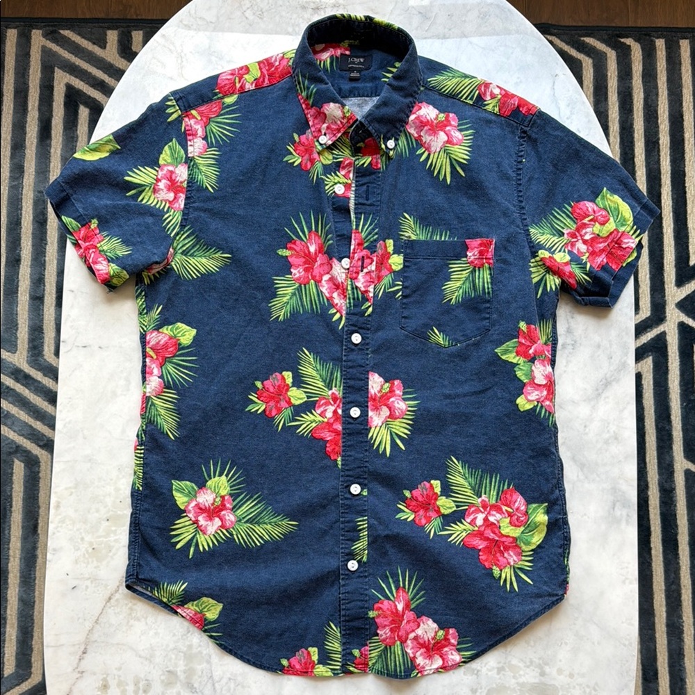 J. Crew Casual Blue and Red Hawaiian Button Down Shirt